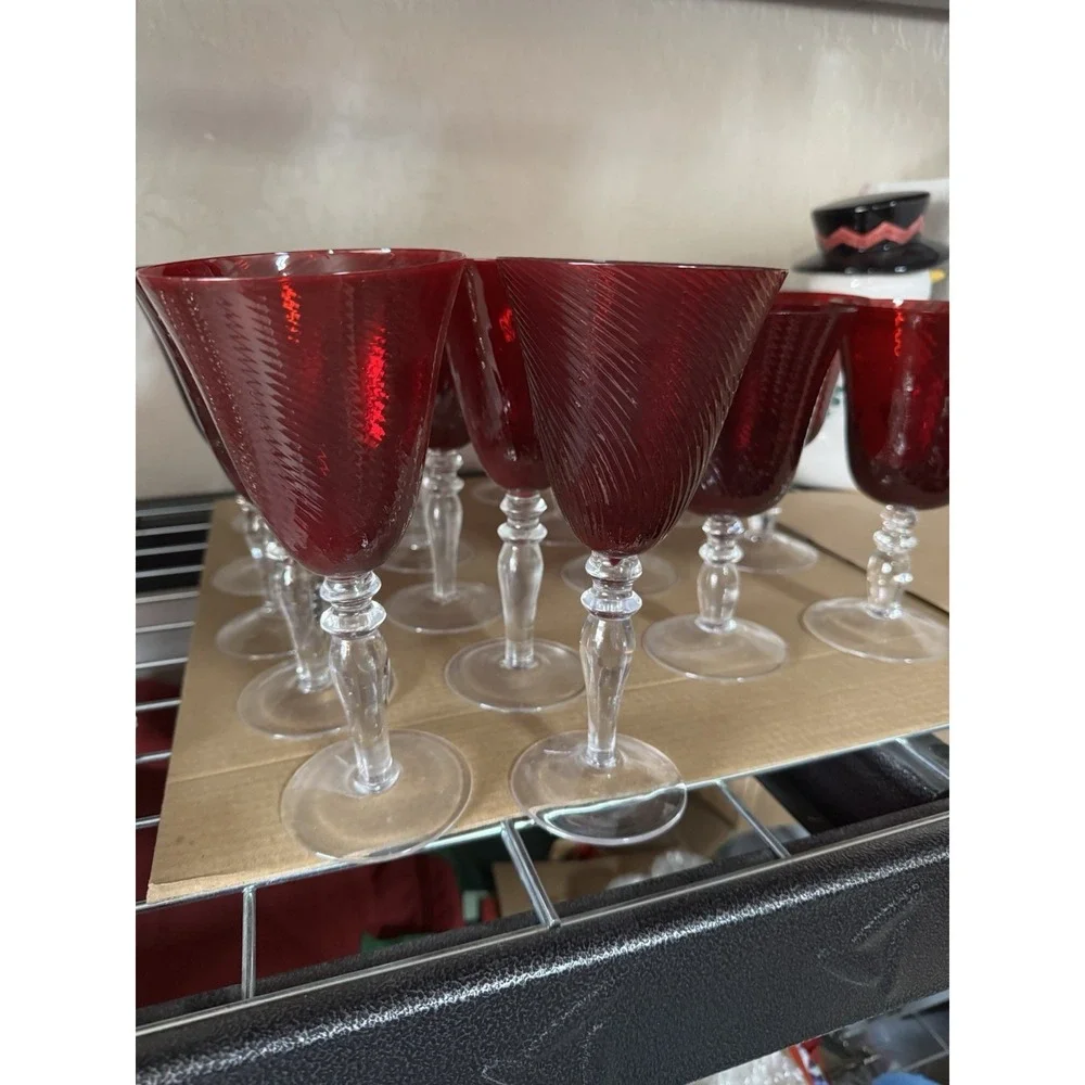 4 VTG  Three‎ Hand Corp Ruby Red Optic Swirl  Wine Glass Goblets 8-1/4